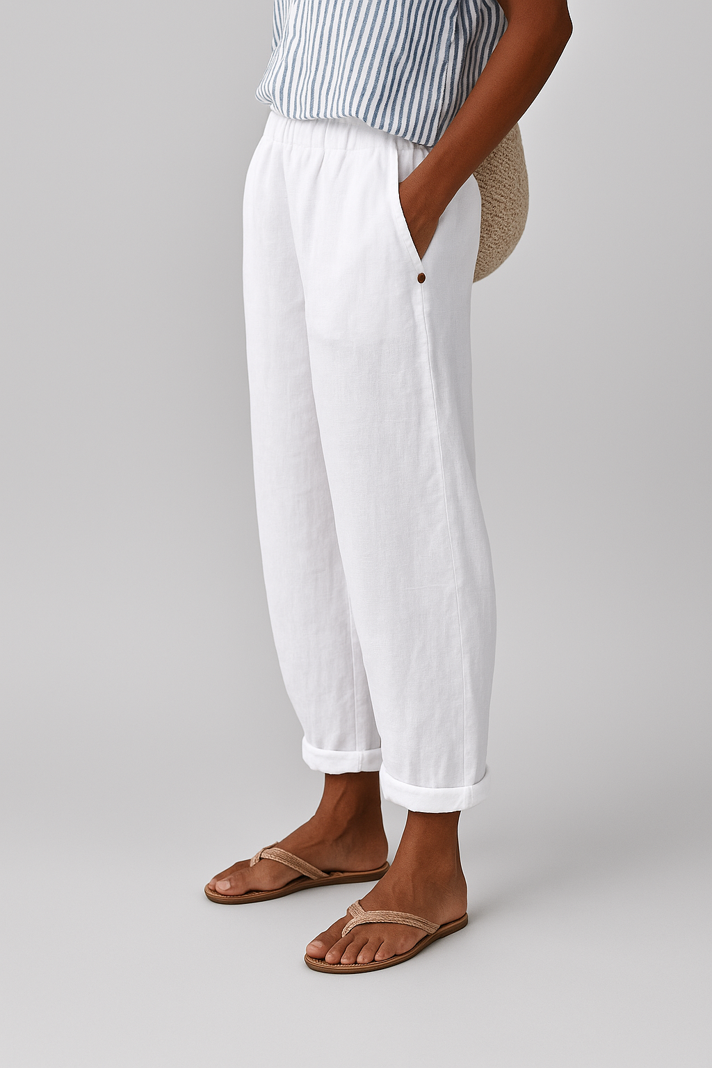 Womens Linen Trousers Elastic Waist Tapered Fit