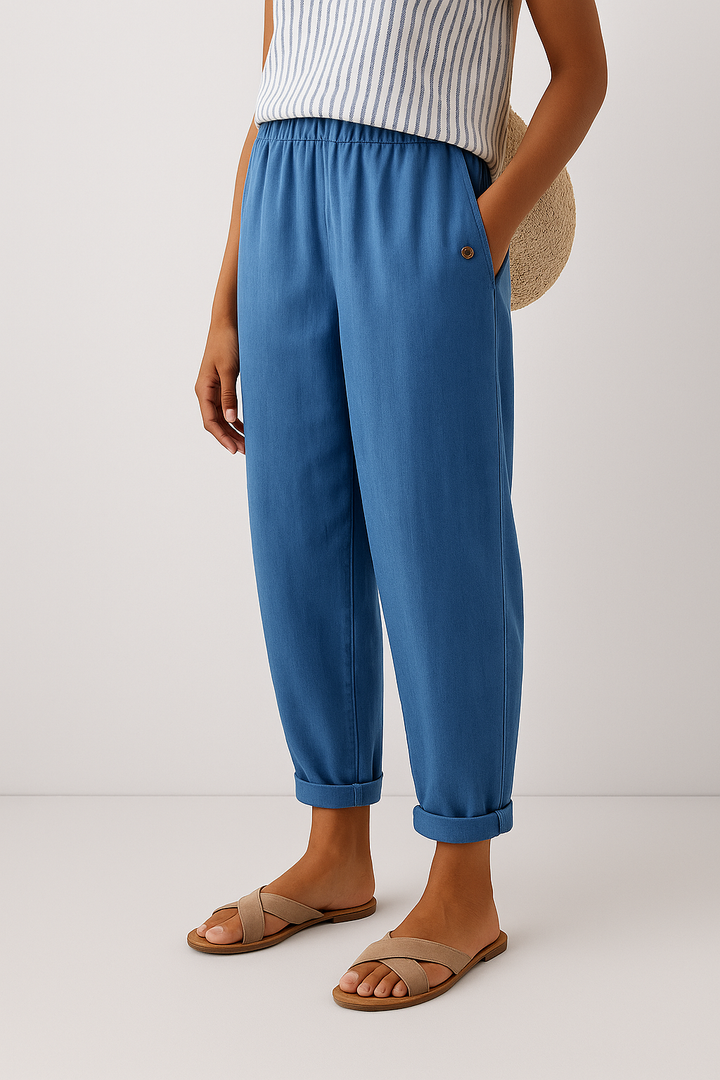 Womens Linen Trousers Elastic Waist Tapered Fit