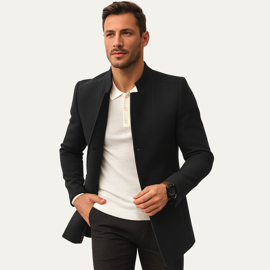 Mens Peacoat Wool Blend Stand Collar Mid Length - BritishMode