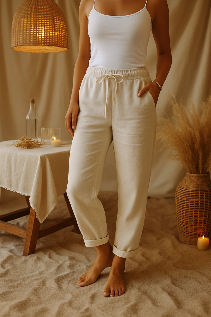 Womens Cotton and Linen Pants with Elastic Waistband - BritishMode