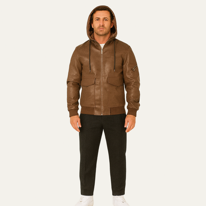 Mens Bomber Jacket Faux Leather Hooded