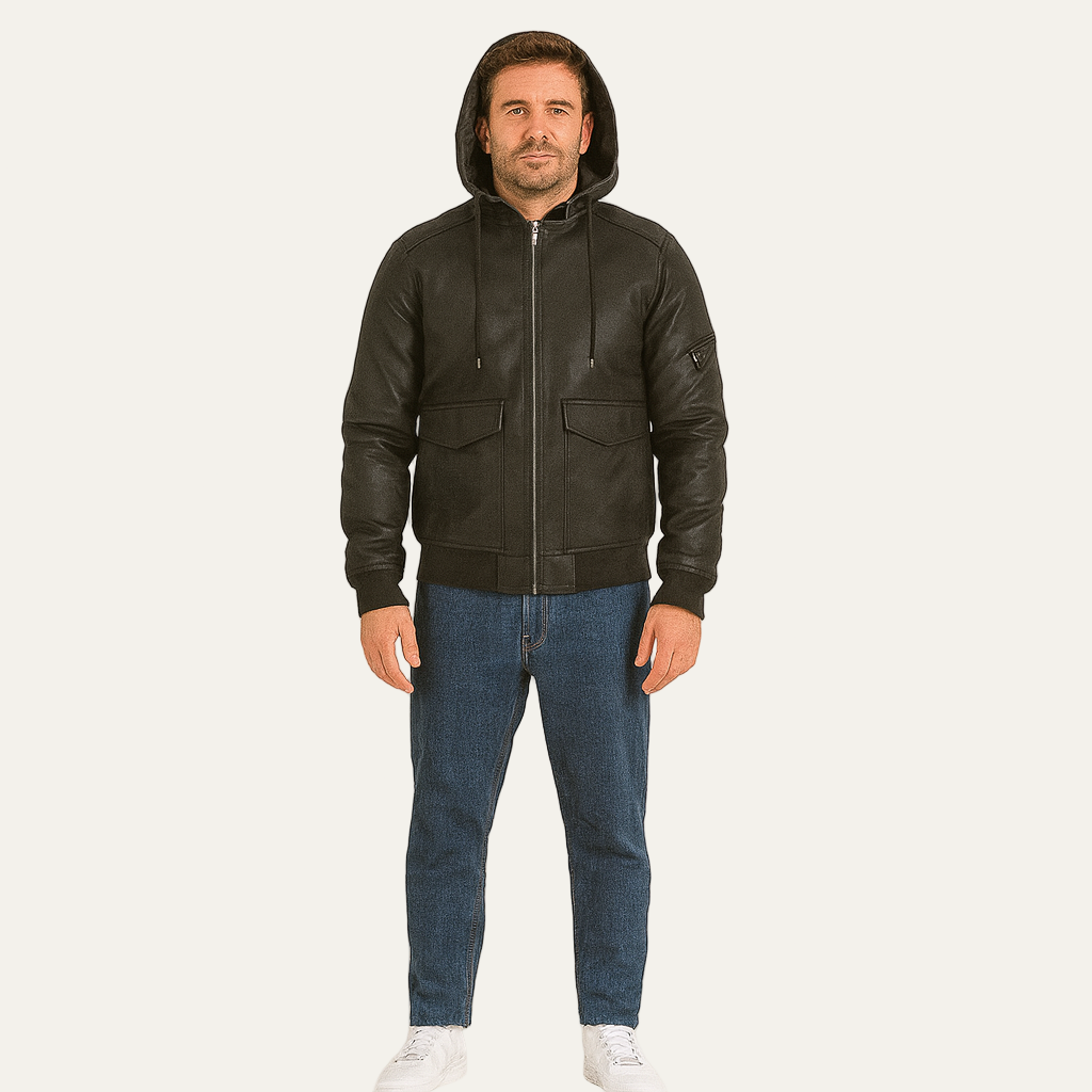 Mens Bomber Jacket Faux Leather Hooded