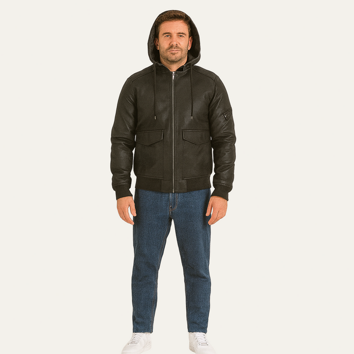Mens Bomber Jacket Faux Leather Hooded