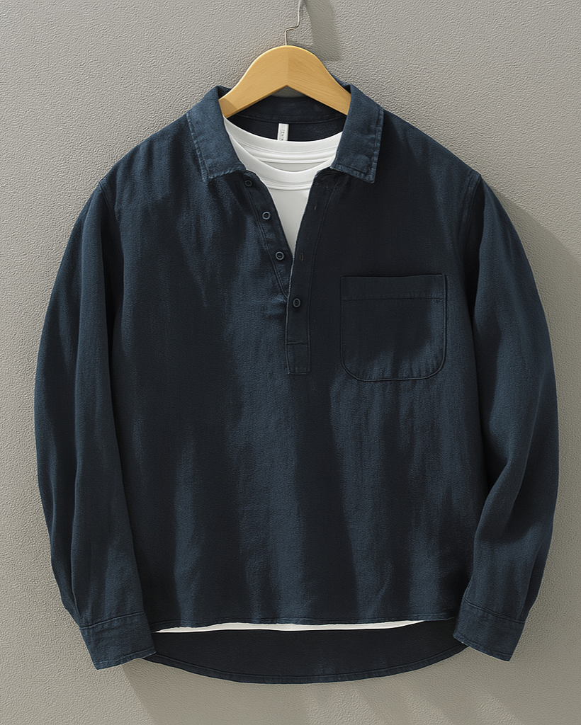 Mens Henley Shirt Cotton Linen Long Sleeve Pullover - BritishMode