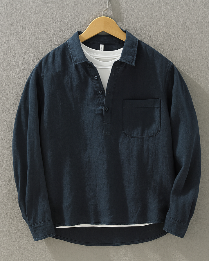 Mens Henley Shirt Cotton Linen Long Sleeve Pullover - BritishMode