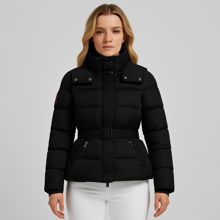 Womens Quilted Puffer Jacket Water-Resistant Belted Hip-Length - BritishMode