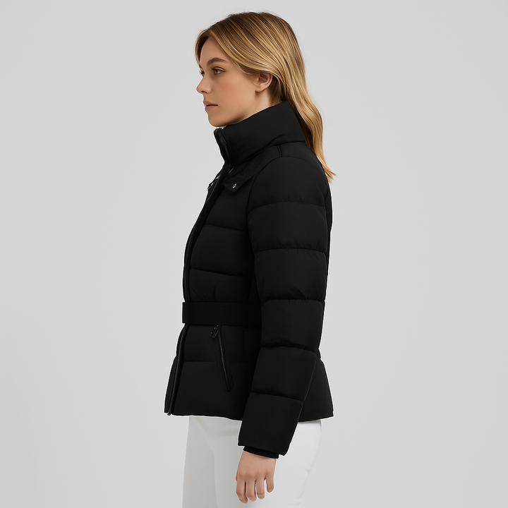Womens Quilted Puffer Jacket Water-Resistant Belted Hip-Length
