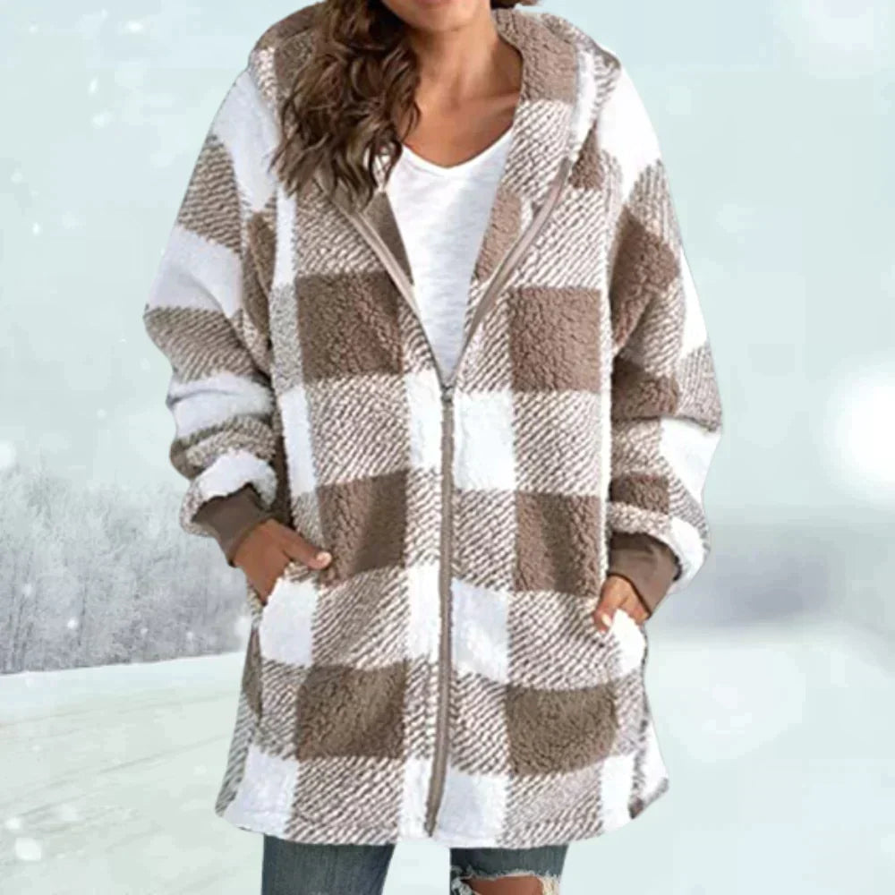 Womens Winter Jacket Faux Fur Checked Cozy Fit