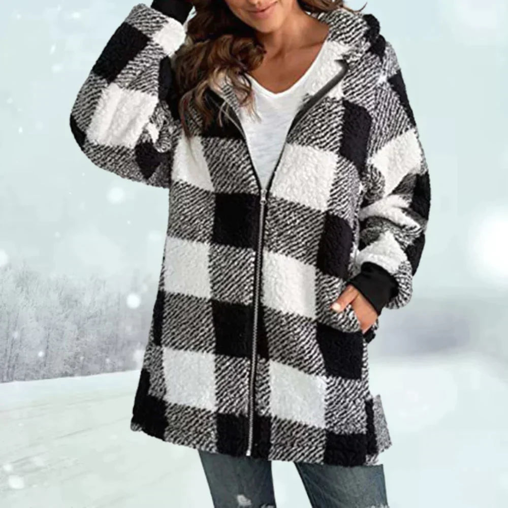 Womens Winter Jacket Faux Fur Checked Cozy Fit