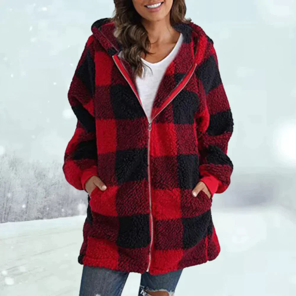 Womens Winter Jacket Faux Fur Checked Cozy Fit