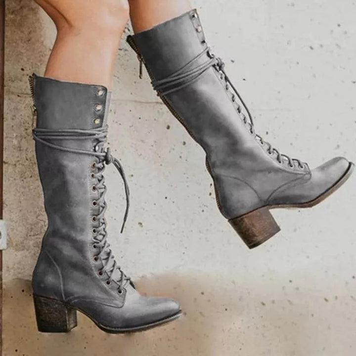 Womens Knee High Boots Lace-Up Leather