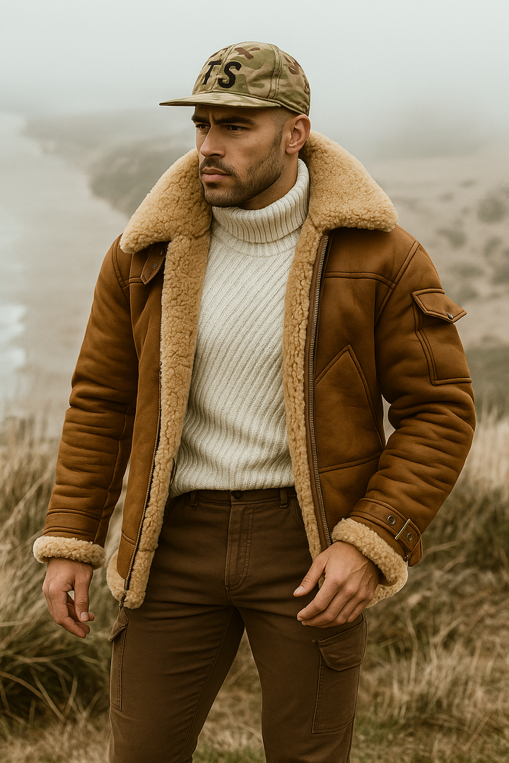 Mens Aviator Jacket Sheepskin Lined Collar Classic Fit - BritishMode