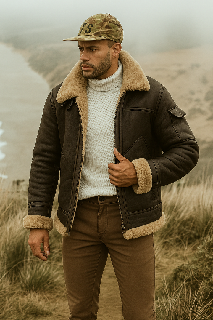 Mens Aviator Jacket Sheepskin Lined Collar Classic Fit