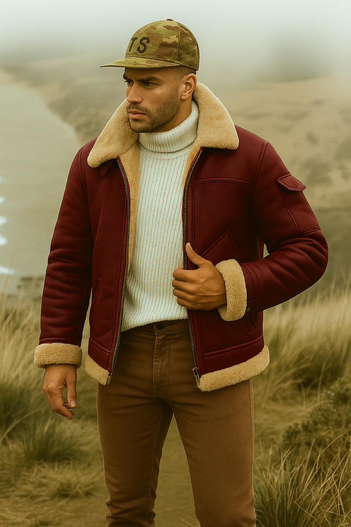 Mens Aviator Jacket Sheepskin Lined Collar Classic Fit