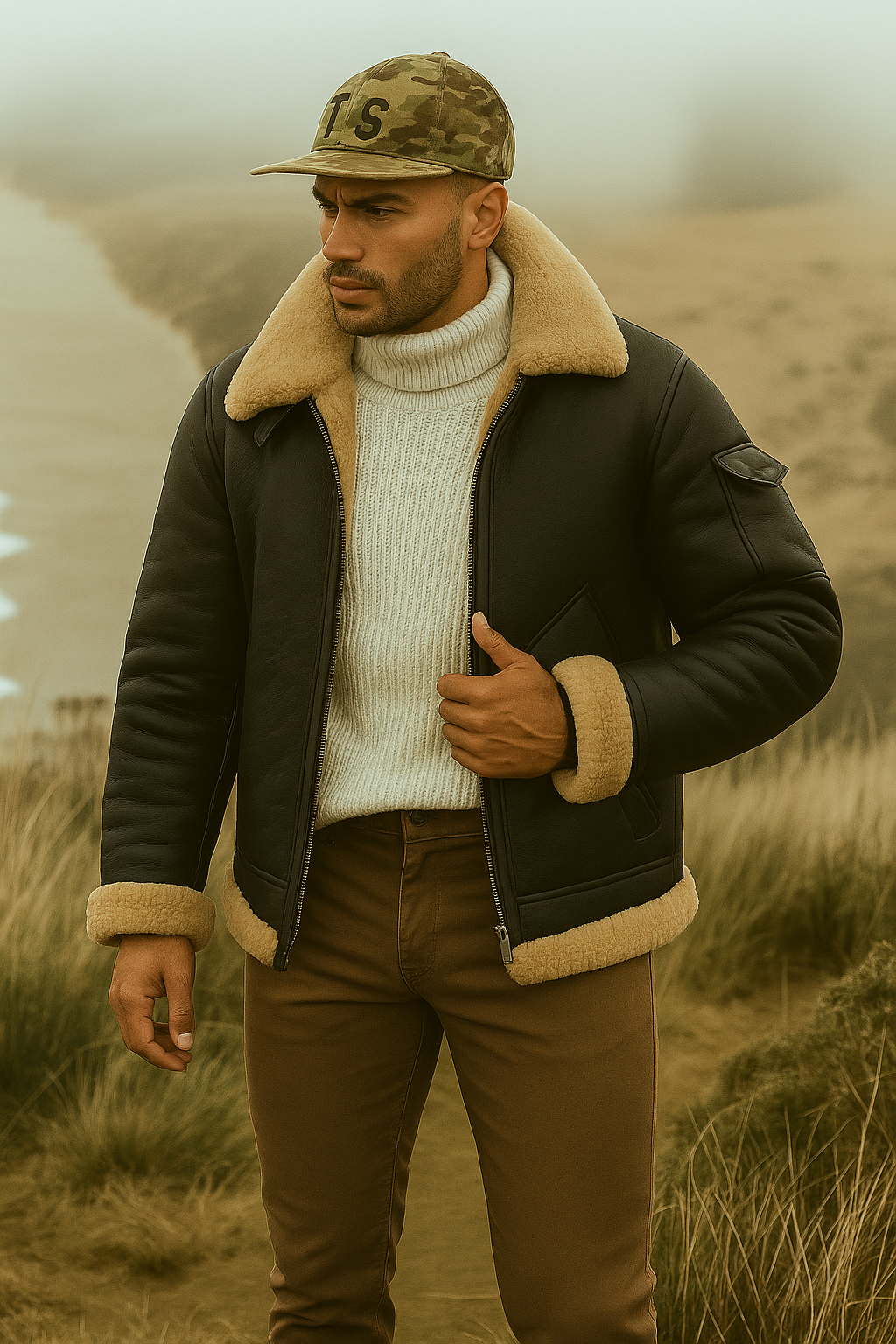 Mens Aviator Jacket Sheepskin Lined Collar Classic Fit