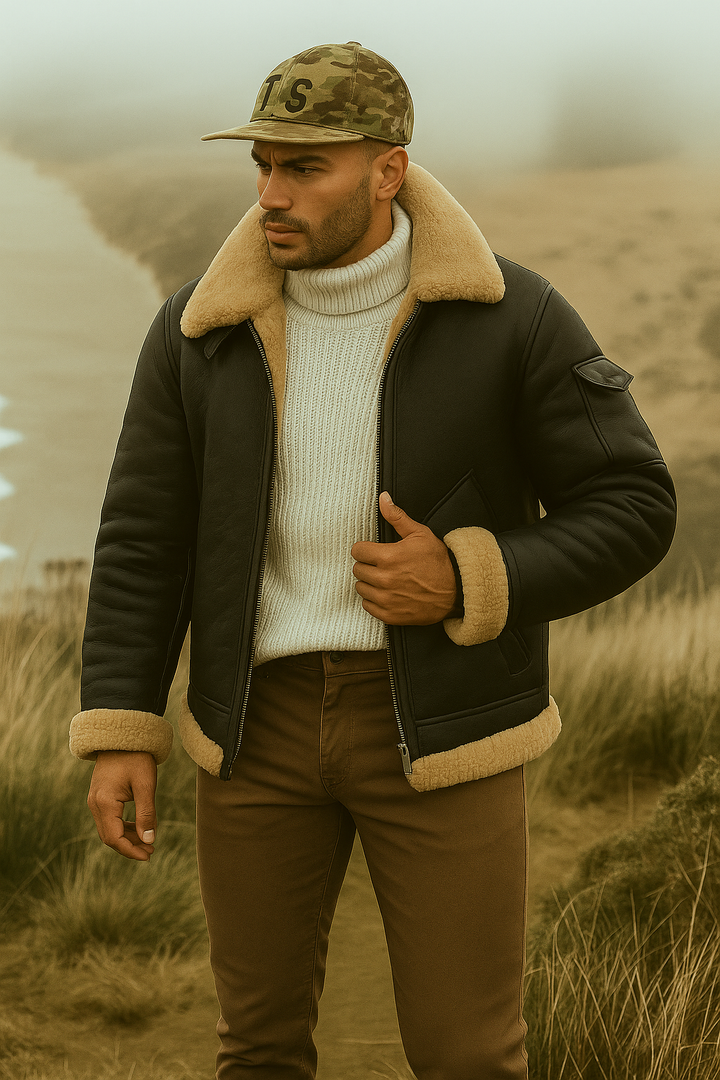 Mens Aviator Jacket Sheepskin Lined Collar Classic Fit