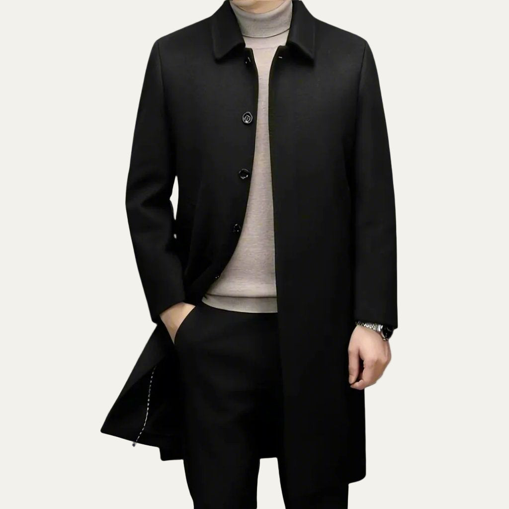 Mens Wool Long Single-Breasted Topcoat Classic Fit - BritishMode