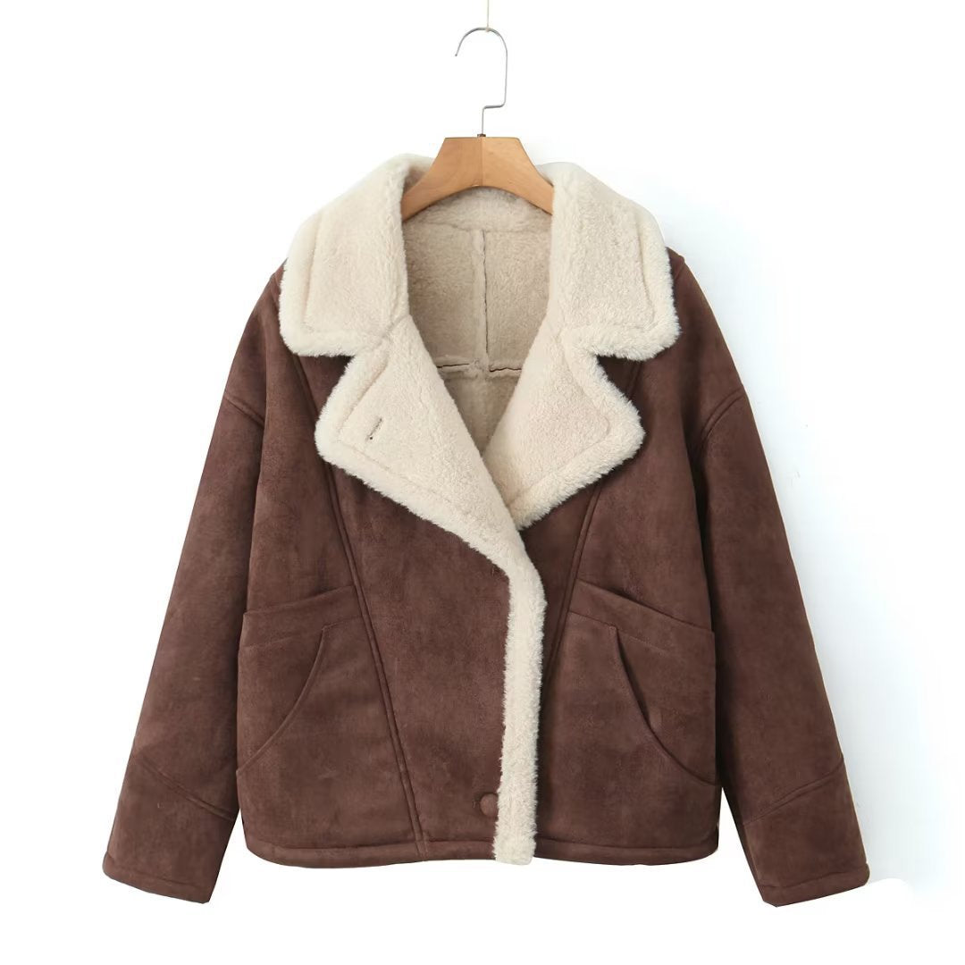 Womens Teddy Coat with Lapel Collar Plush Soft