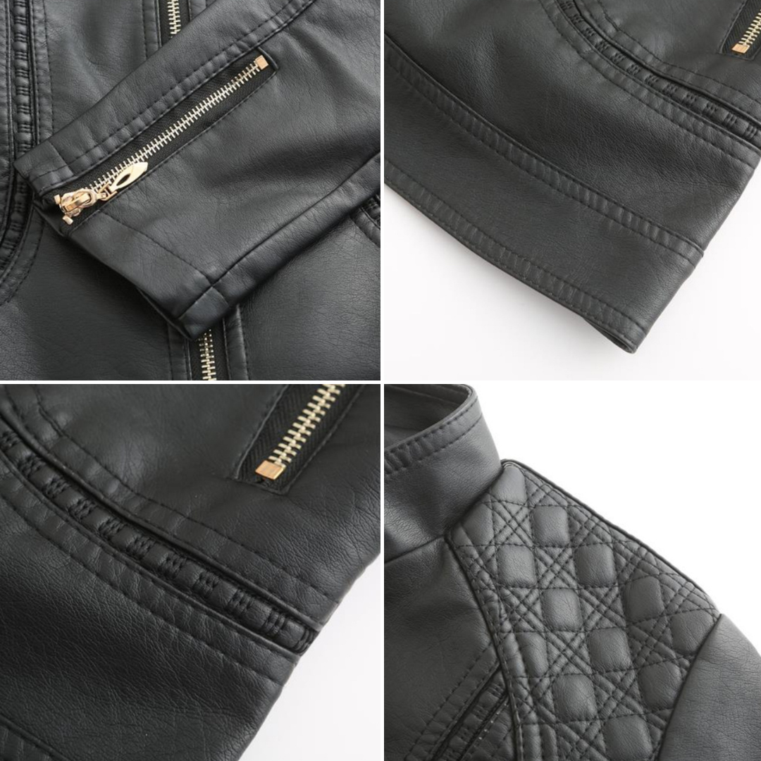 Womens PU Leather Jacket Stand-Up Collar Slim Fit