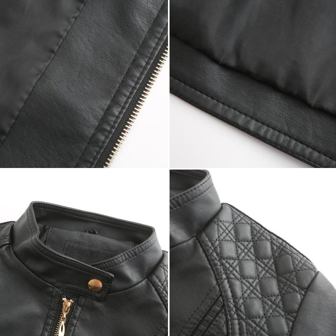 Womens PU Leather Jacket Stand-Up Collar Slim Fit