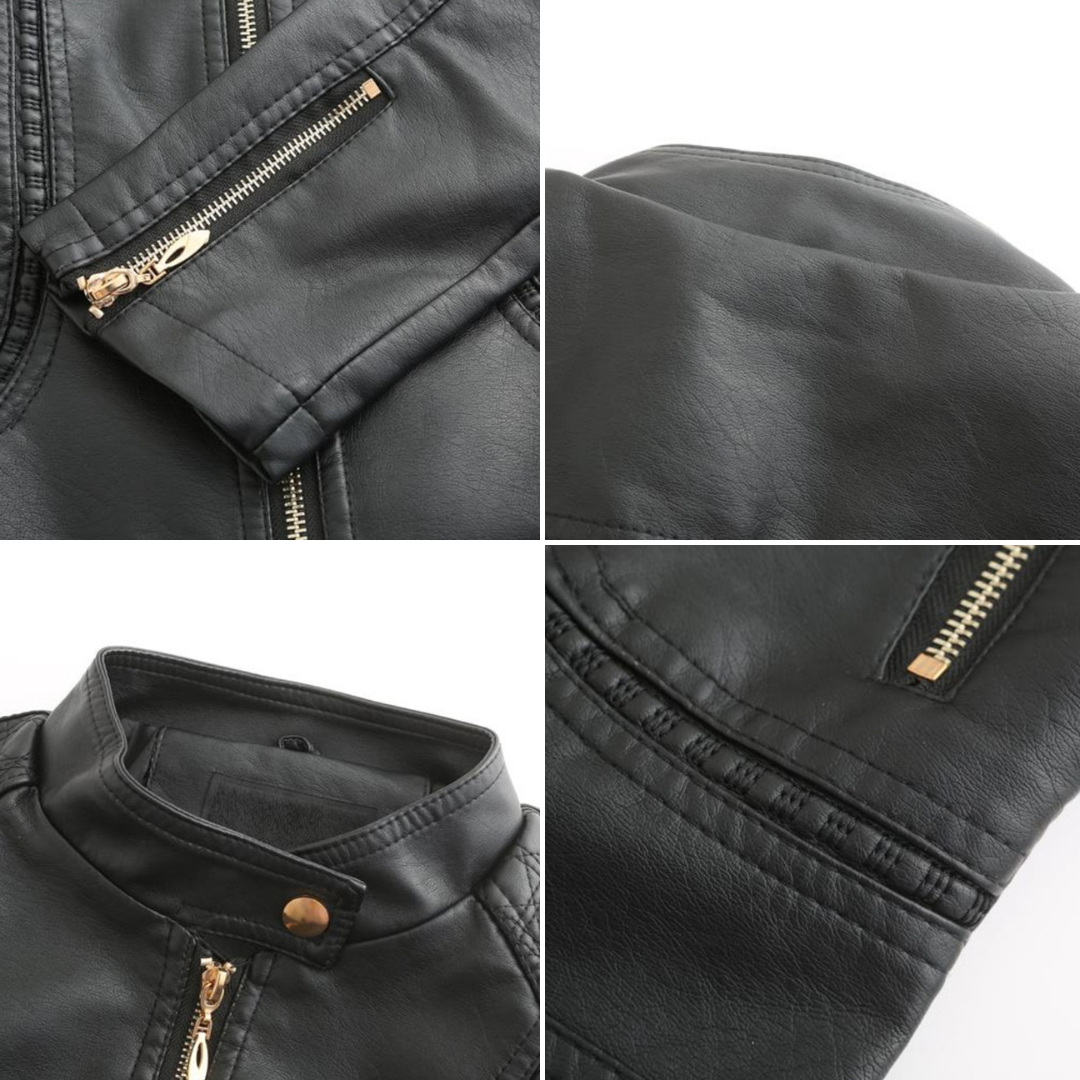 Womens PU Leather Jacket Stand-Up Collar Slim Fit