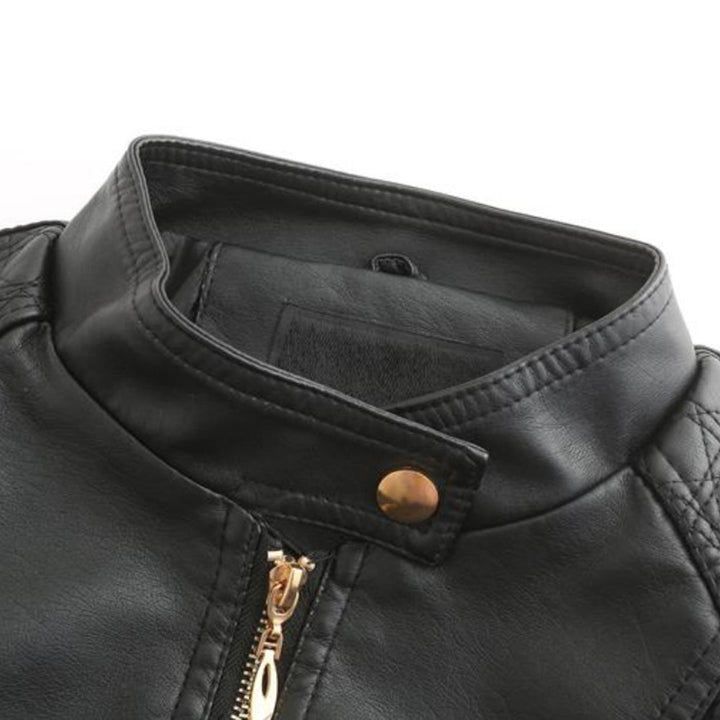 Womens PU Leather Jacket Stand-Up Collar Slim Fit