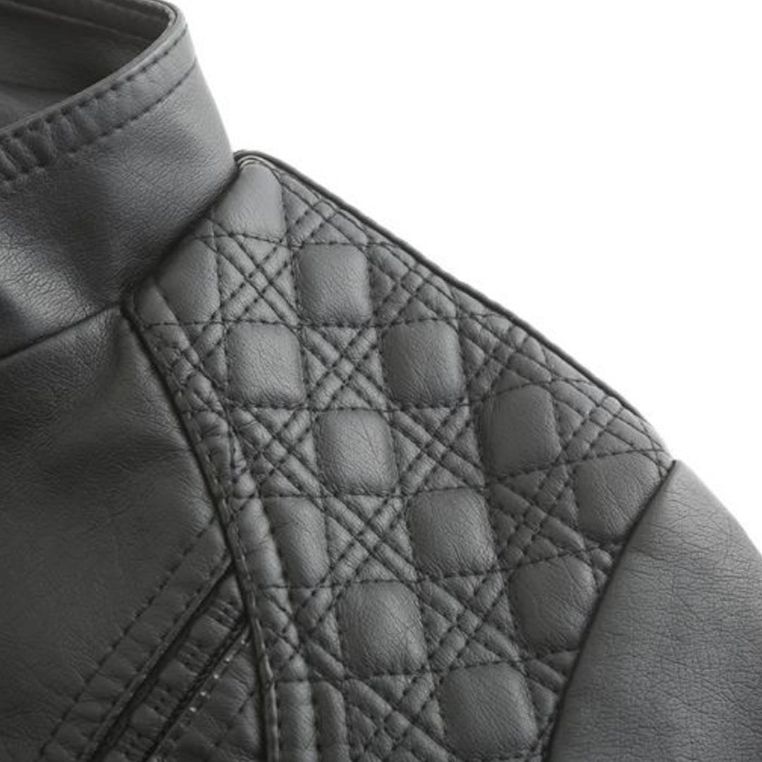 Womens PU Leather Jacket Stand-Up Collar Slim Fit