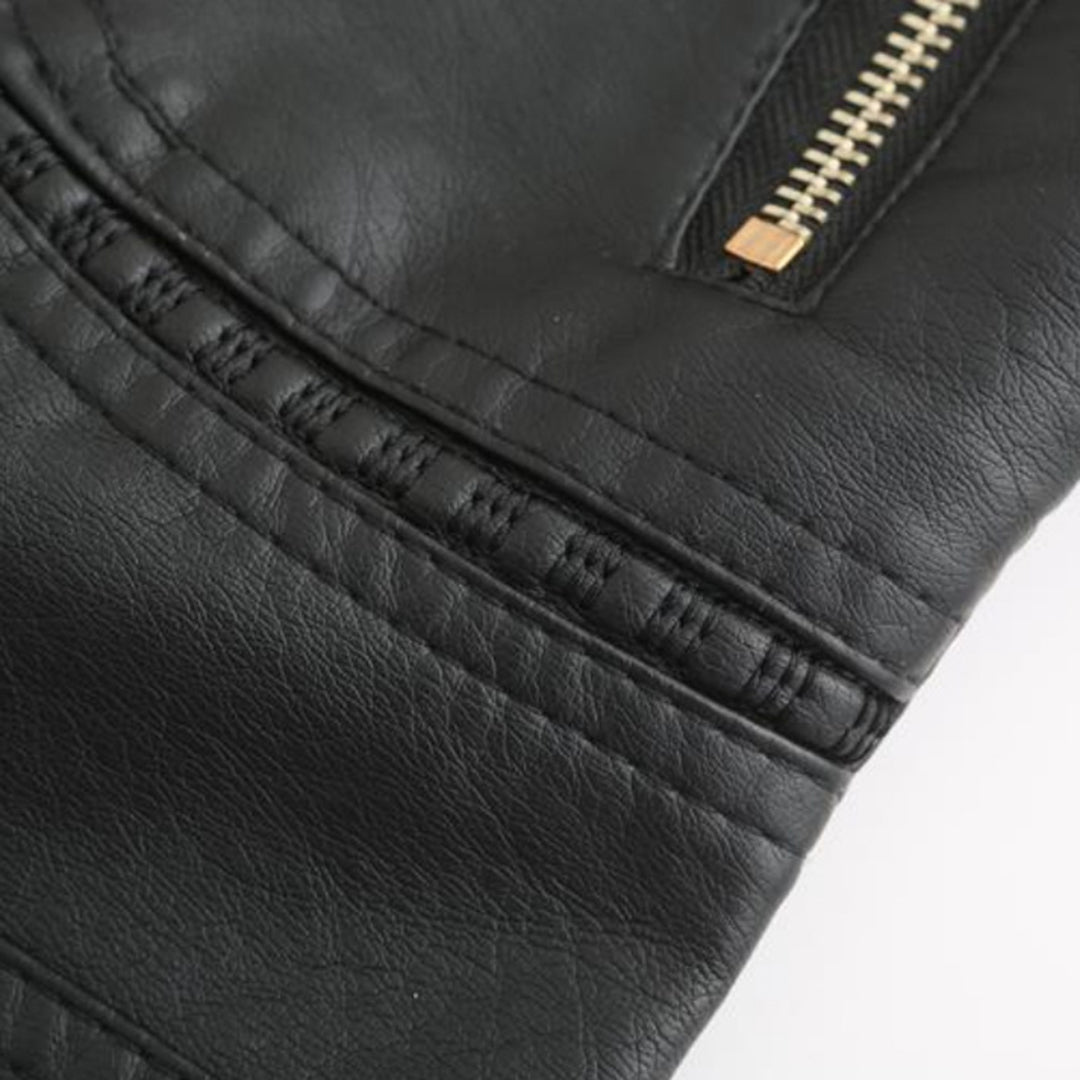 Womens PU Leather Jacket Stand-Up Collar Slim Fit
