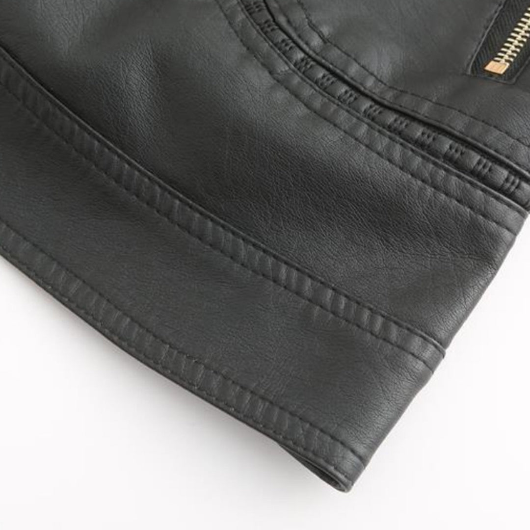 Womens PU Leather Jacket Stand-Up Collar Slim Fit