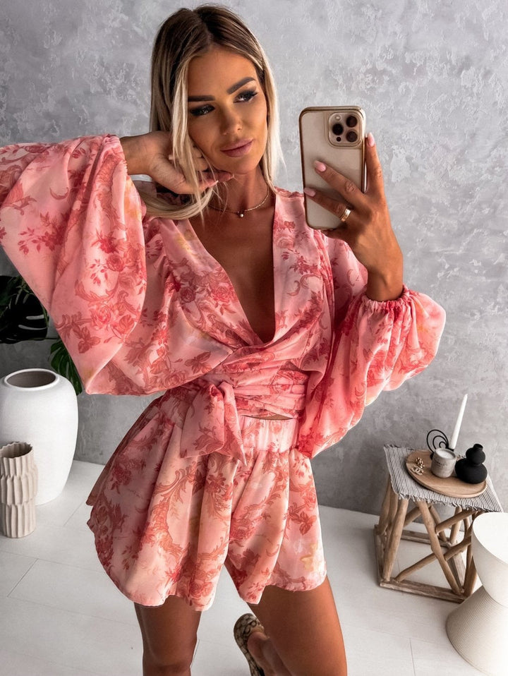 Womens Two-Piece Shorts and Top Set Floral Print