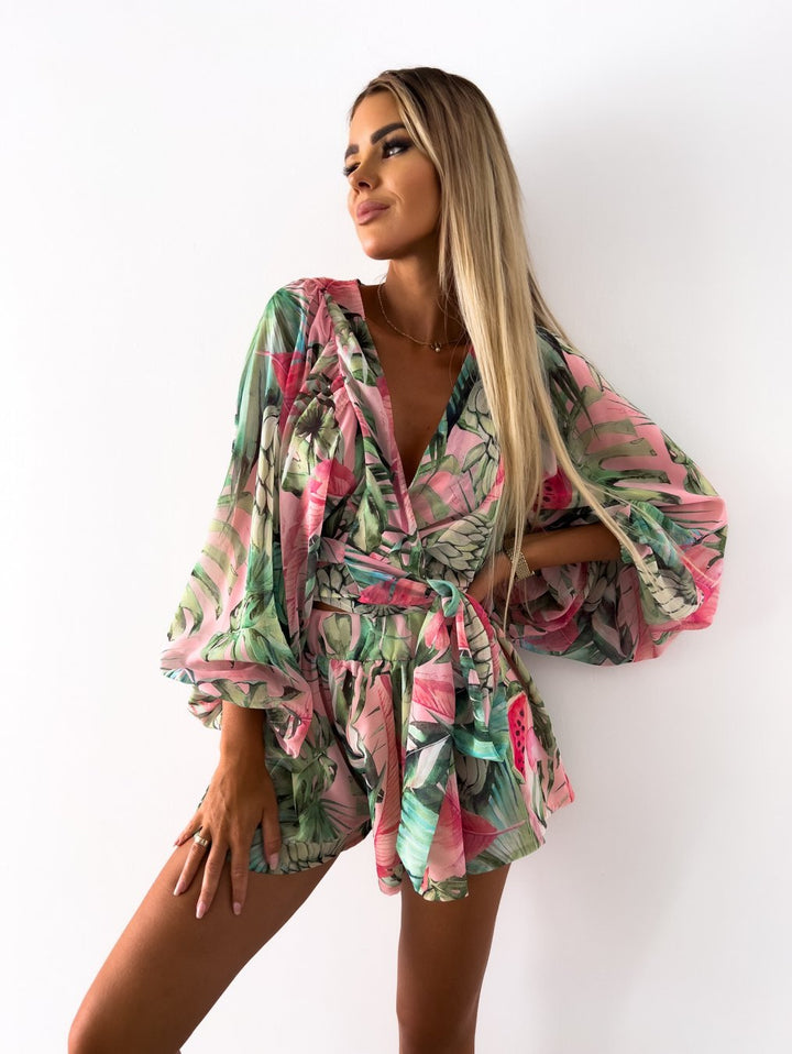 Womens Two-Piece Shorts and Top Set Floral Print - BritishMode