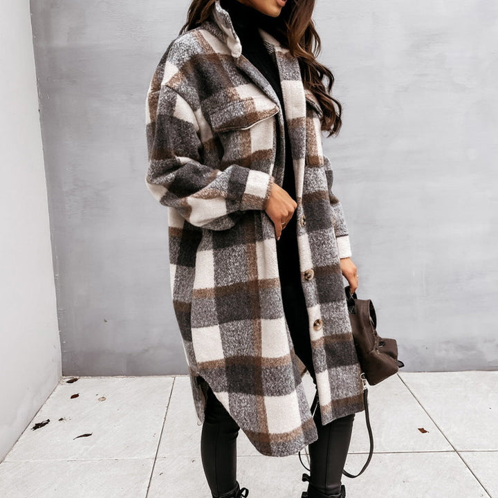 Womens Long Shacket Plaid Pattern Relaxed Fit