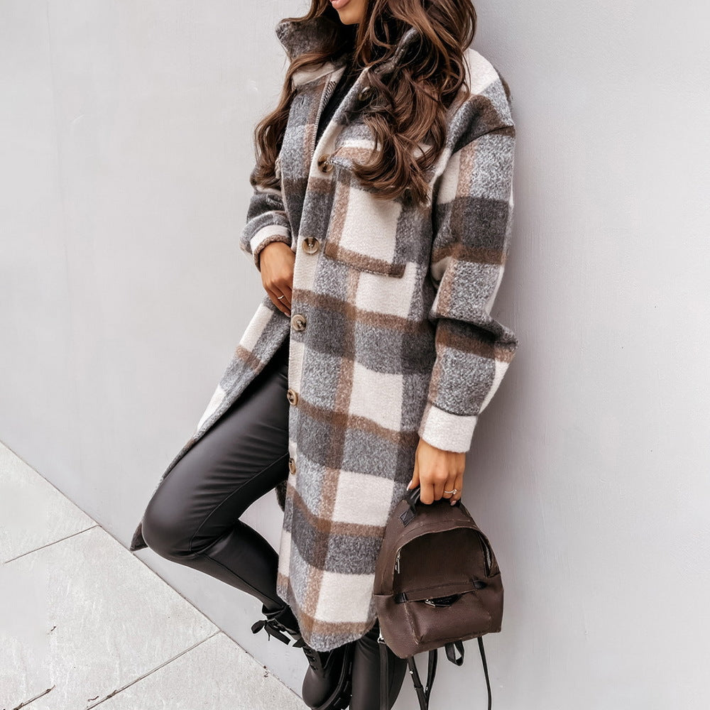 Womens Long Shacket Plaid Pattern Relaxed Fit