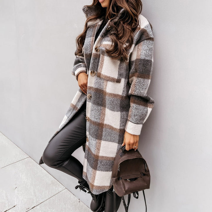 Womens Long Shacket Plaid Pattern Relaxed Fit
