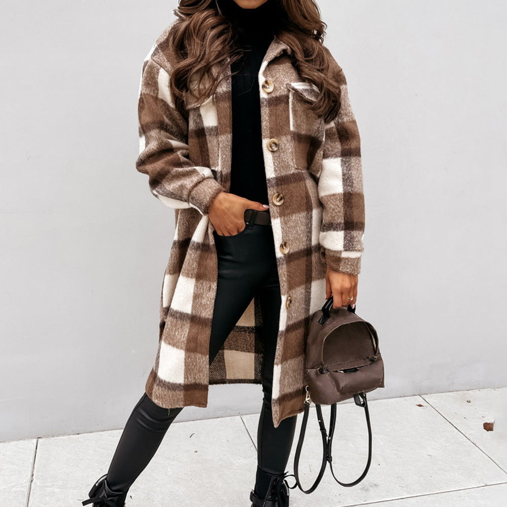 Womens Long Shacket Plaid Pattern Relaxed Fit - BritishMode