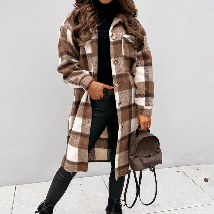 Womens Long Shacket Plaid Pattern Relaxed Fit - BritishMode