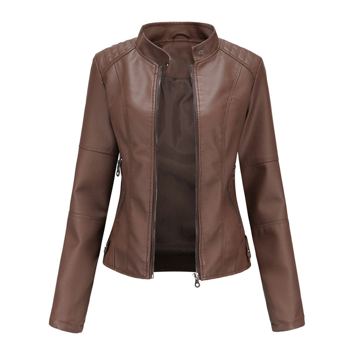 Womens Leather Biker Jacket with Zipper Slim Fit