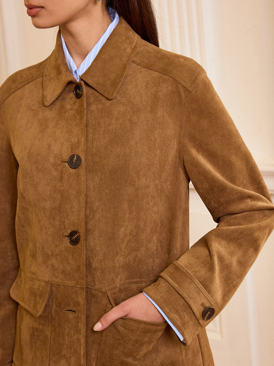 Womens Suede Blazer Collared Button-Front