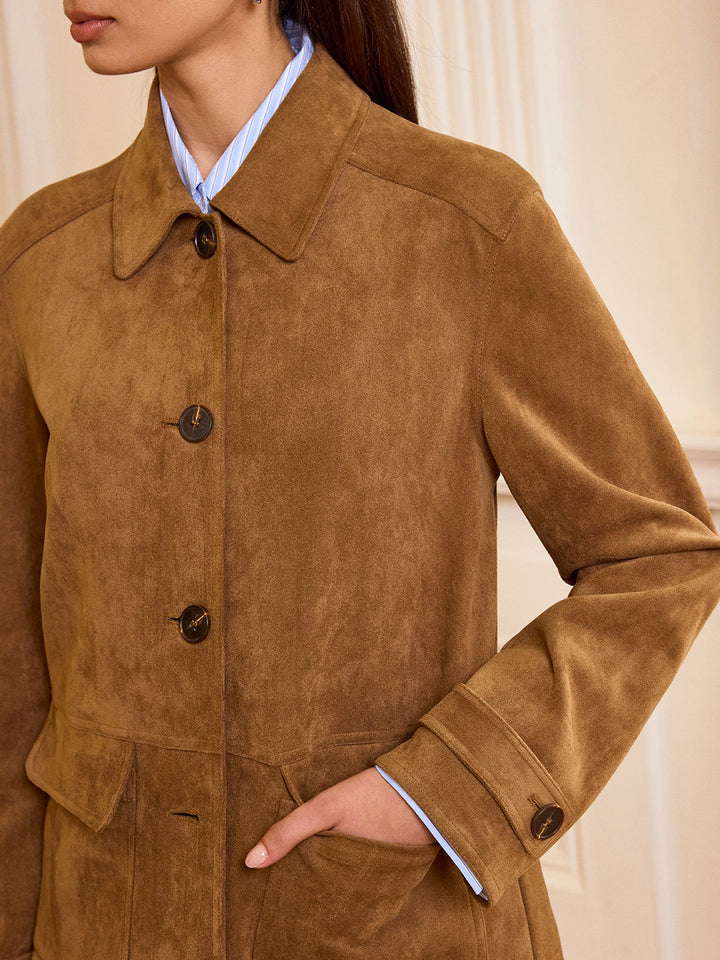 Womens Suede Blazer Collared Button-Front