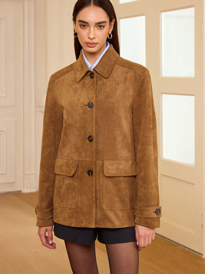 Womens Suede Blazer Collared Button-Front
