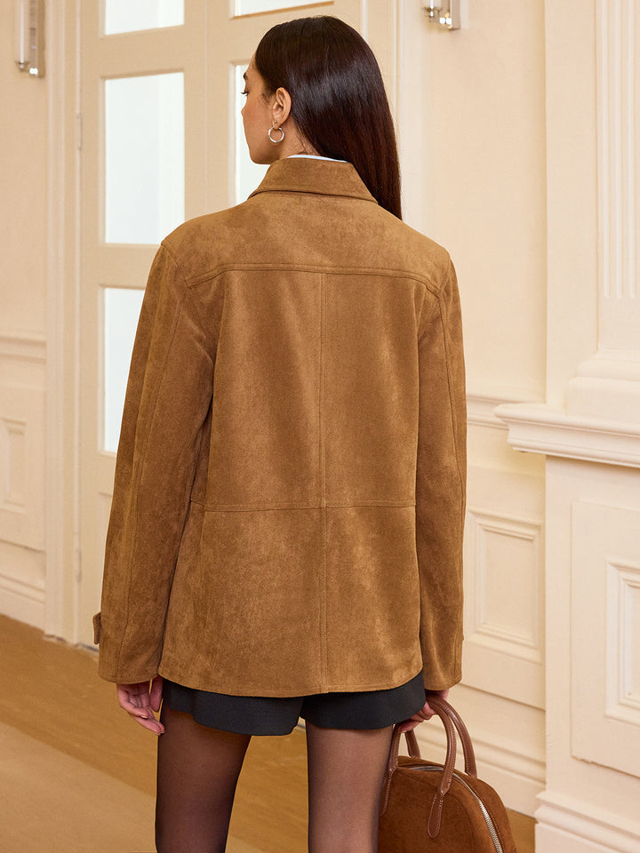 Womens Suede Blazer Collared Button-Front