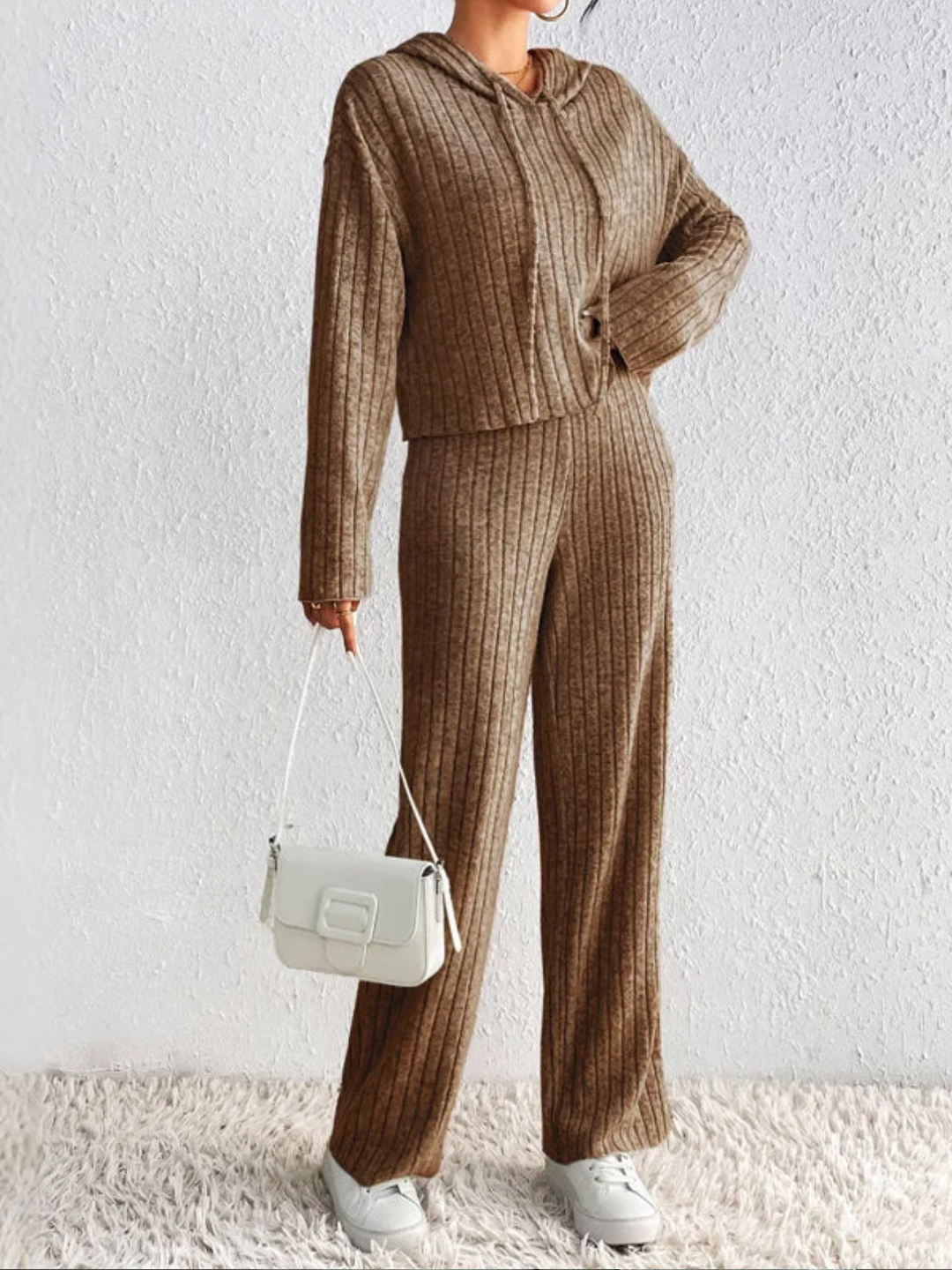 Womens Ribbed Knit Co-Ord Set Cropped Hoodie High-Waisted Wide-Leg - BritishMode