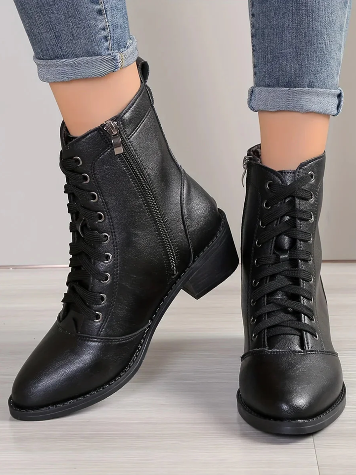 Womens Combat Boots Mid Heel Lace-Up with Side Zip - BritishMode