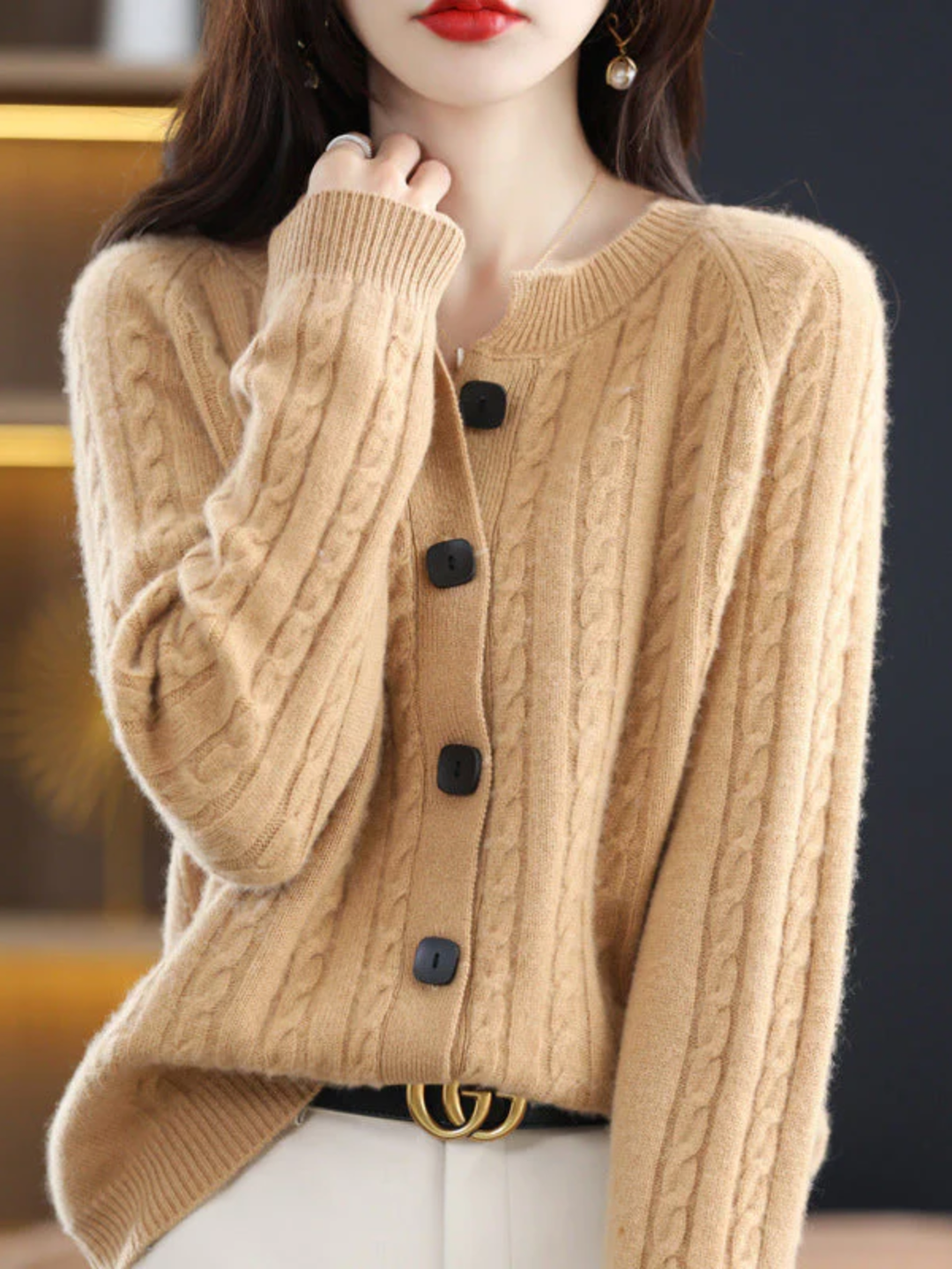 Womens Cable Knit Cardigan Acrylic Blend Lightweight Button-Front - BritishMode