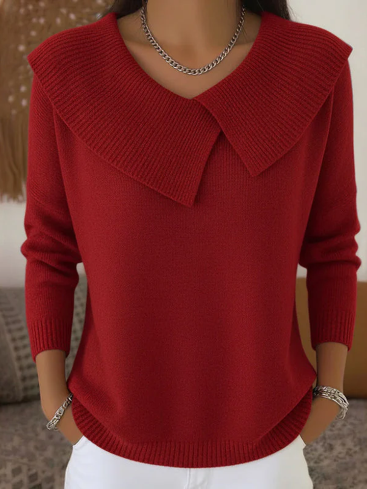 Womens V-Neck Knit Sweater Long Sleeve Regular Fit Folded Collar - BritishMode