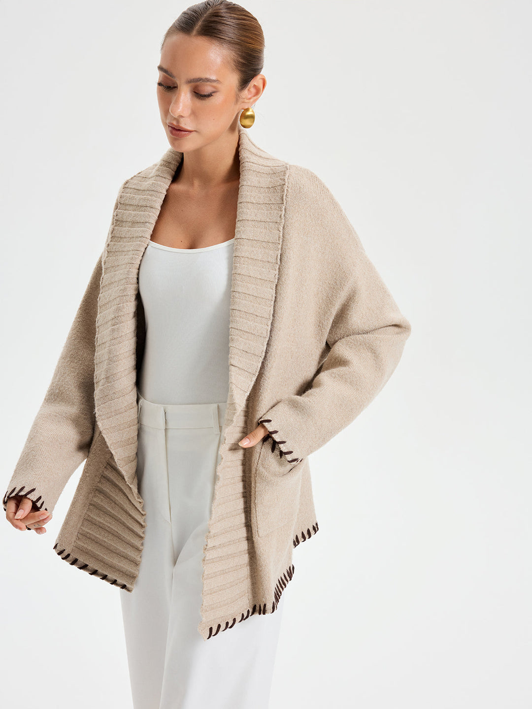Womens Knit Outerwear Shawl Collar Belted Relaxed Fit