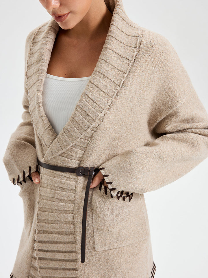 Womens Knit Outerwear Shawl Collar Belted Relaxed Fit