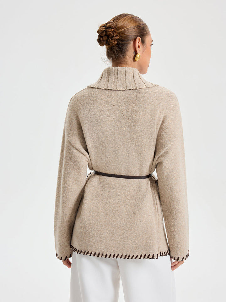 Womens Knit Outerwear Shawl Collar Belted Relaxed Fit