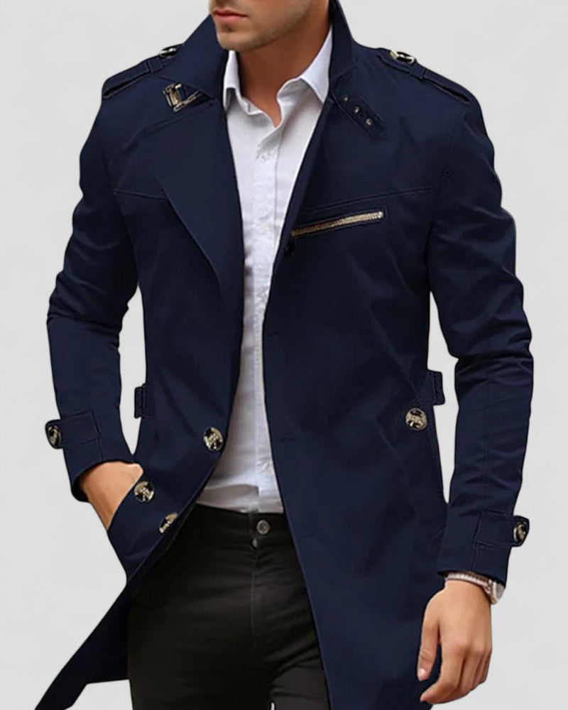 Mens Trench Coat with Asymmetrical Buckle Detail