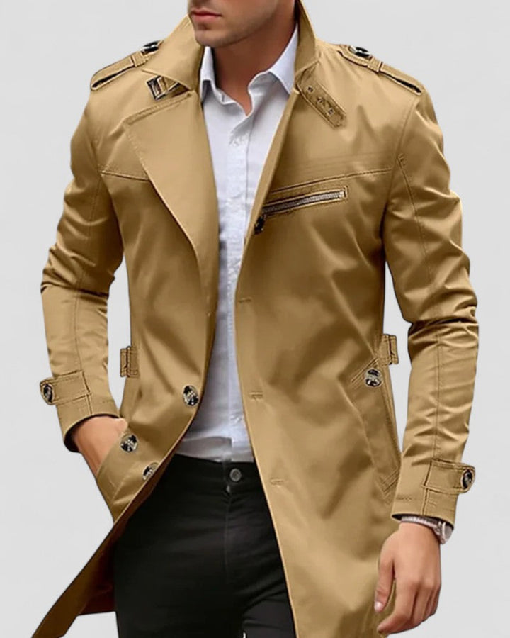 Mens Trench Coat with Asymmetrical Buckle Detail